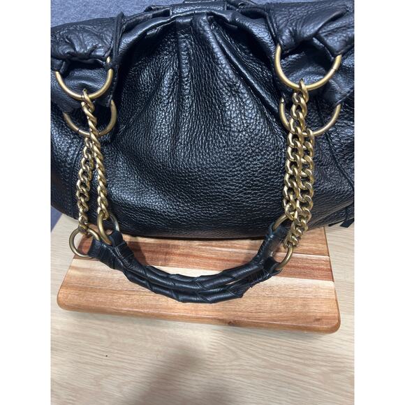 The Sak Boho Pebbled Black Leather Tasseled Gold Chain Strap Shoulder Bag - Picture 9 of 12